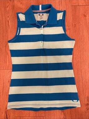 Oakley Golf Blue and White Striped Sleeveless Polo